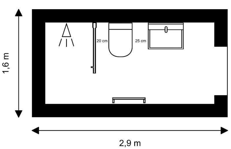Einfacher Grundriss für ein kleines Badezimmer mit Dusche, WC und Waschbecken inklusive Maßangaben