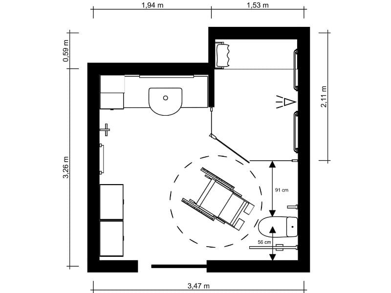 Grundriss für ein barrierefreies und rollstuhlgerechtes Badezimmer mit Waschbecken, Dusche, WC und Bewegungsflächen