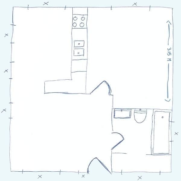 Handgezeichnete 2D-Skizze eines Hauses mit einem Schlafzimmer, einem Badezimmer und offener Küche.