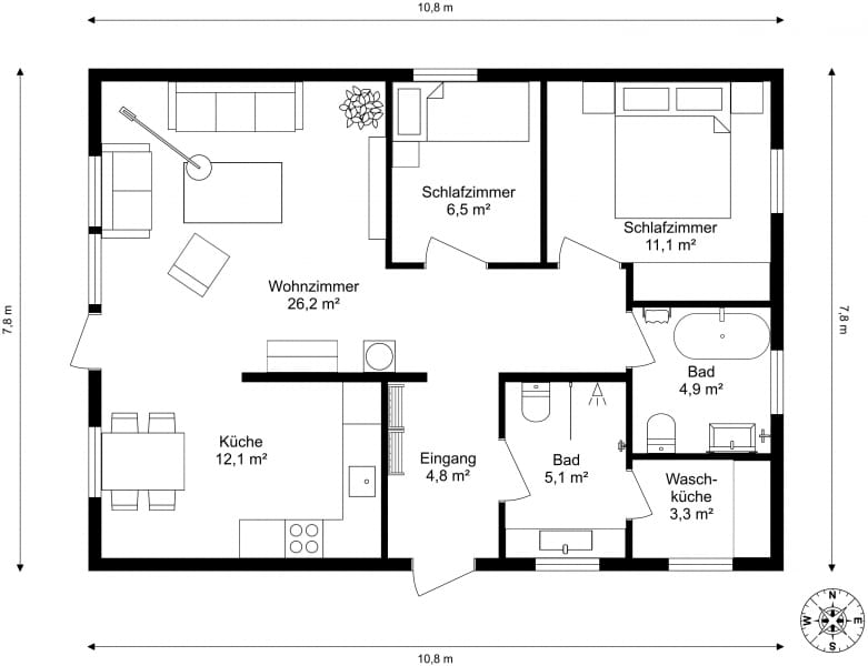 2D-Grundriss eines Hauses mit zwei Schlafzimmern und zwei Bädern, einem Waschraum und einer offenen Küchenlösung vom Wohnzimmer aus. Der Grundriss enthält auch Maßangaben für alle Räume sowie Außenmaße des Hauses.