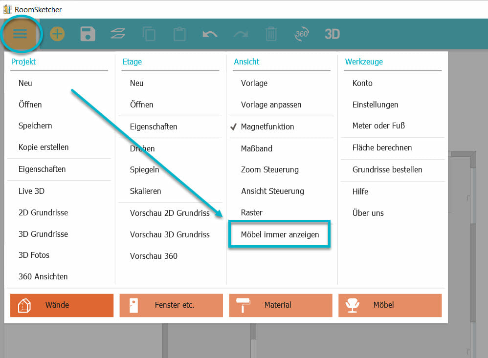 Moebel menu immer anzeigen