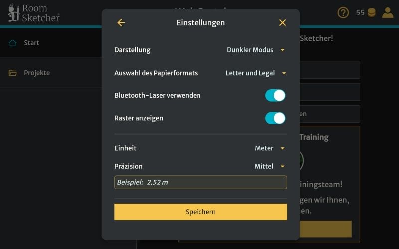 RoomSketcher-Webportal-Projektseite im Dark Mode.