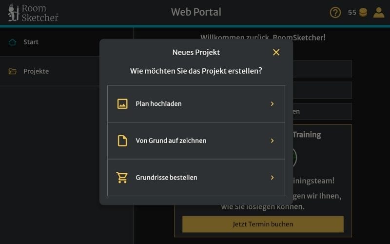 Ein Bild, das das RoomSketcher-Webportal im Dunkelmodus mit geöffnetem Tab „Neues Projekt“ zeigt.