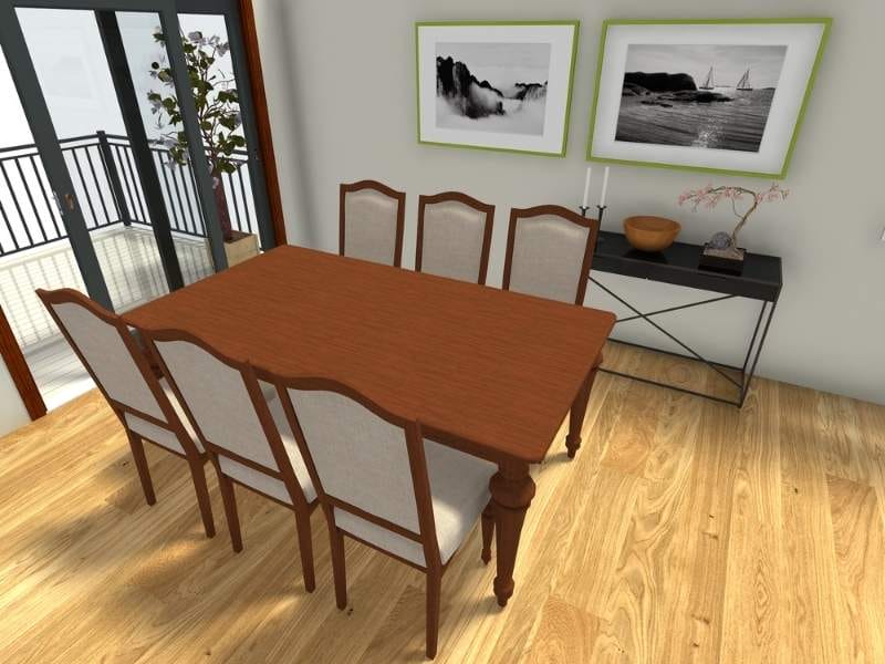 Ein in RoomSketcher erstelltes 3D-Foto, das ein Produktupdate mit neuen Essgruppen und individuell anpassbaren Bilderrahmen präsentiert.