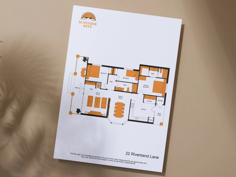 Ein mit einem Briefkopf und Haftungsausschluss farblich abgestimmter und individuell angepasster 2D Grundriss von RoomSketcher.