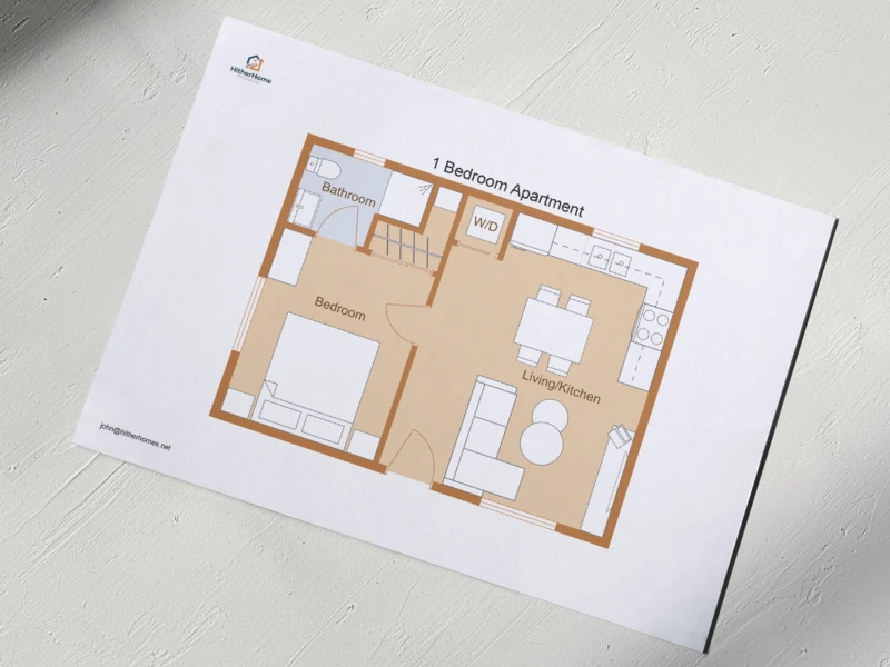 Ein farblich abgestimmter 2D Grundriss von RoomSketcher mit Briefkopf.