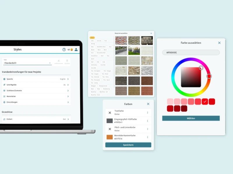 Die Anpassungsfunktion Styles von RoomSketcher mit verfügbaren Farb- und Materialauswahlen.