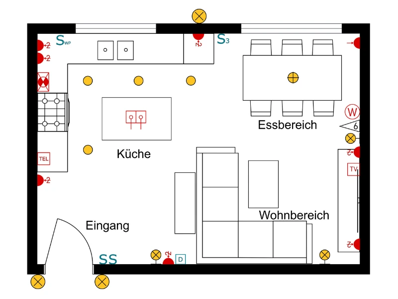 Ein 2D Grundriss für Küche, Wohn- und Essbereich mit eingeplanten Steckdosen, Schaltern und Beleuchtung
