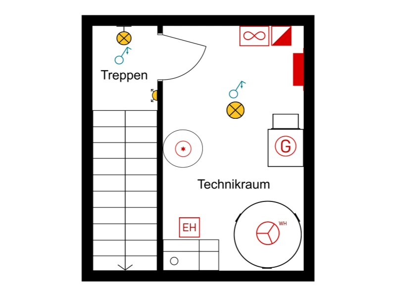 Ein RoomSketcher Elektro-Grundriss eines Technikraums mit elektrischen Symbolen für verschiedene Komponenten
