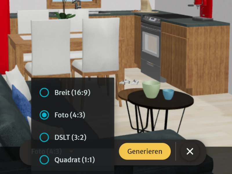Ein Bild der Benutzeroberfläche von KI Render, das verschiedene Seitenverhältnis-Optionen zeigt.