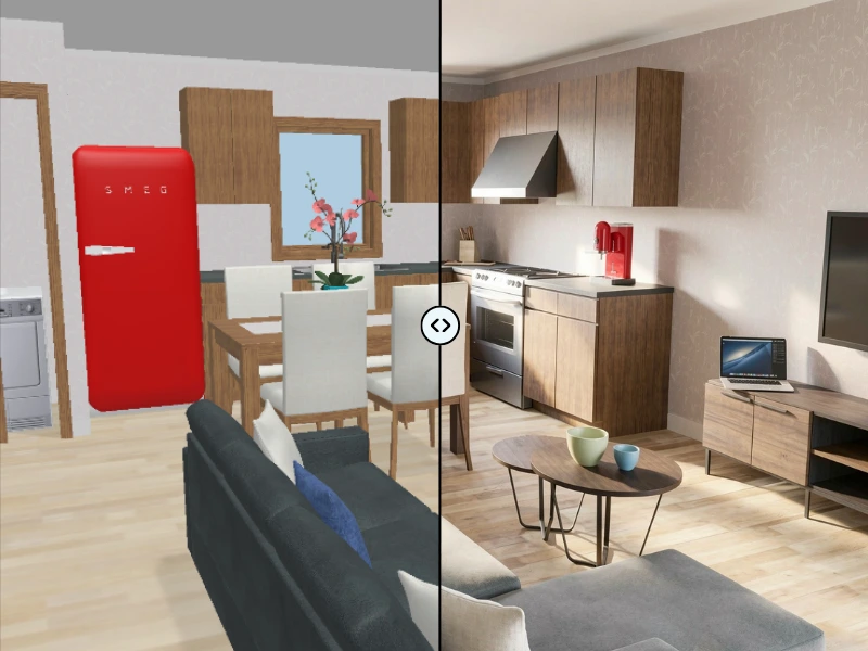 Ein Bild im direkten Vergleich, das die RoomSketcher Live 3D Ansicht neben einem fotorealistischen Bild mit KI Render zeigt.