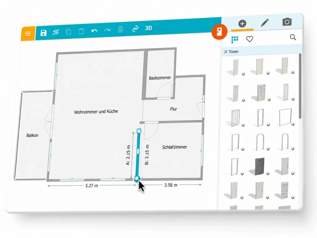 Die Benutzeroberfläche des RoomSketcher Grundriss-Zeichners ist in perspektivischer Ansicht zu sehen, während innerhalb eines Hauslayouts gerade aktiv eine Wand gezeichnet wird. Die Oberfläche enthält echte Grundriss-Werkzeuge, Raumbeschriftungen, Maßlinien und ein Türbibliothek-Panel, während ein Cursor den interaktiven Zeichenprozess der Wand hervorhebt.