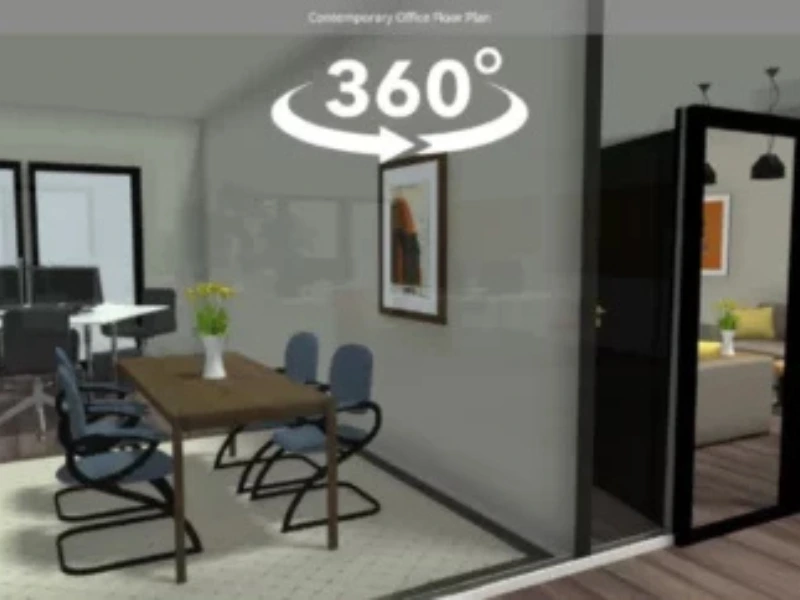 3D Darstellung einer 360-Grad-Bürogrundriss-Tour, die einen Besprechungsraum, Arbeitsplätze und einen Lounge-Bereich mit Glaswänden zeigt.