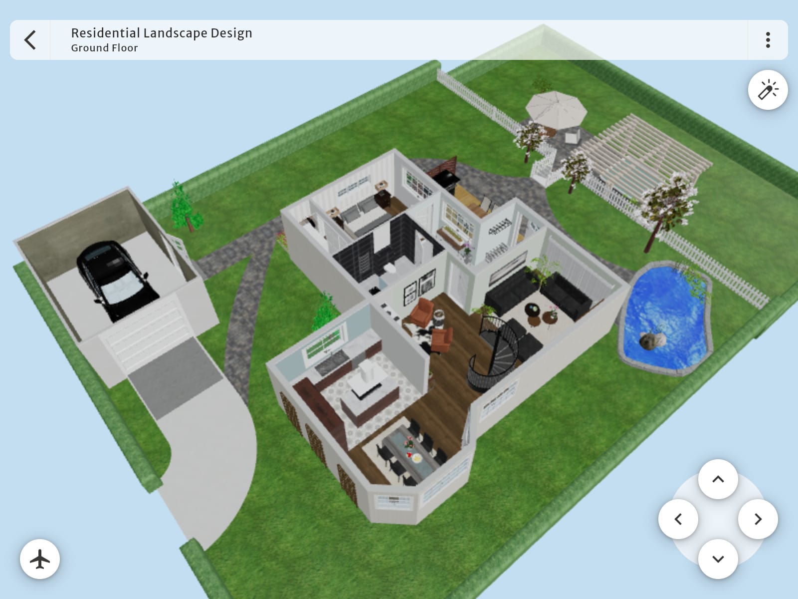 3D-Grundriss eines modernen Einfamilienhauses in Live 3D mit offenem Wohn- und Essbereich, Küche mit Kochinsel, mehreren Zimmern, Badezimmer, Garage und Außenbereich mit Terrasse und Whirlpool.