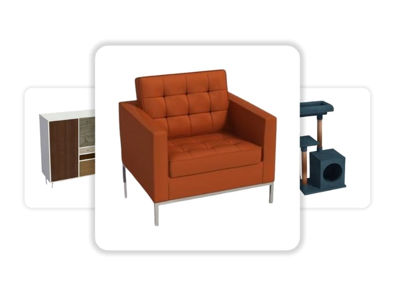3D Möbelauswahl mit einem modernen orangefarbenen Sessel im Fokus, während zusätzliche Möbeloptionen im Hintergrund unscharf dargestellt sind.