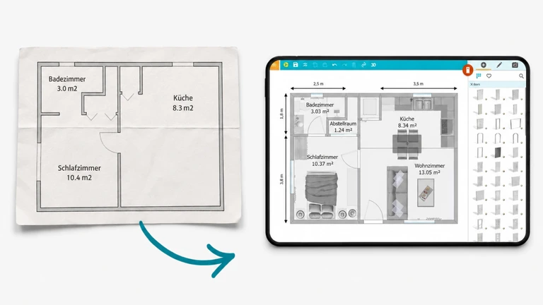 Vergleich zwischen einer einfachen schwarz-weißen Grundrisszeichnung und einer vollständig eingerichteten, digitalen Version in RoomSketcher. Oben ist der ursprüngliche Plan mit beschrifteten Räumen wie Badezimmer, Schlafzimmer und Küche zu sehen. Unten zeigt ein Tablet die konvertierte, möblierte Grundrissansicht mit Maßen und Raumbezeichnungen.