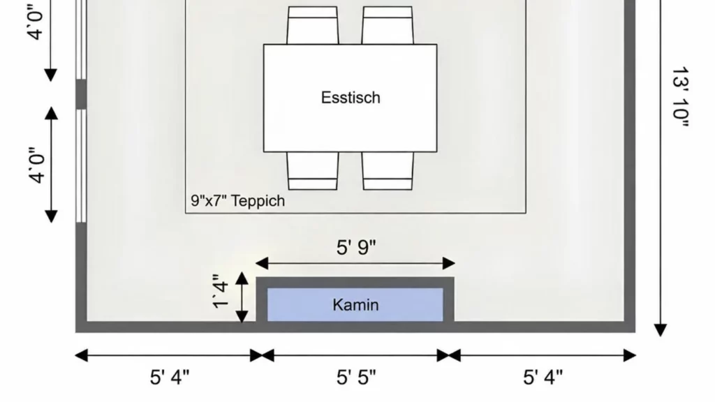 Ein 2D Grundriss mit Bemaßungen und Farbcodierung.