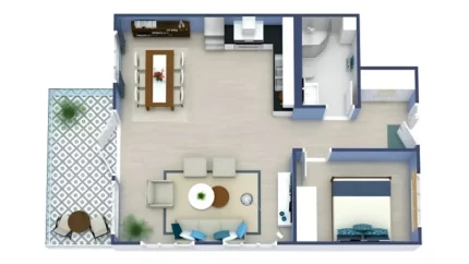 3D Grundriss einer Wohnung mit einem Schlafzimmer, offenem Wohn-, Ess- und Küchenbereich, Badezimmer, Flur und Außenterrasse.