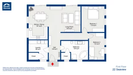 2D floor plan of a first-floor home layout showing a kitchen and dining area, living room, two bedrooms, bathroom, laundry, hall, and closets.