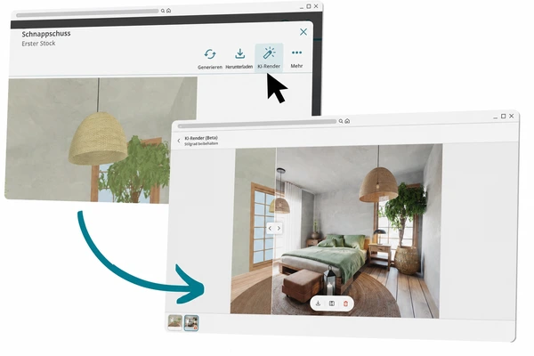 KI Render ist ganz einfach über das RoomSketcher Web Portal zugänglich. Klicken Sie bei Schnappschüssen, 3D Fotos oder in Live 3D auf die Schaltfläche „KI Render“.