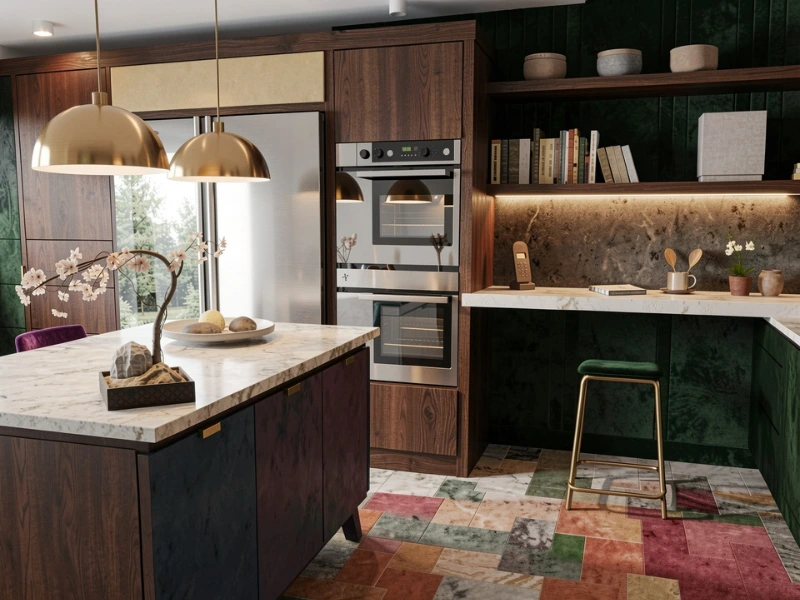 Ein RoomSketcher KI Render mit angewendetem voreingestelltem maximalistischen Style.