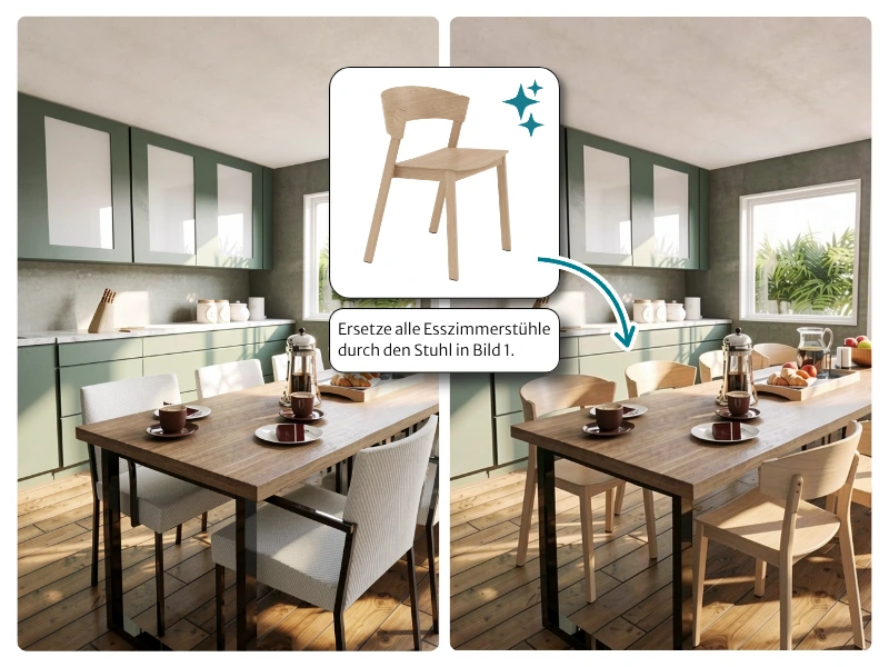 Eine Abbildung, die zwei Versionen desselben RoomSketcher KI Renders vor und nach der Bearbeitung mit einem Text-Prompt und einem Referenzbild zeigt.