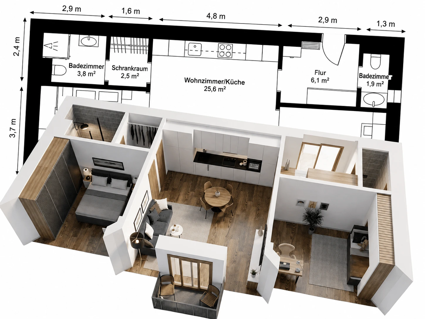 Eine Abbildung eines RoomSketcher KI Renders und des dazugehörigen 2D Grundrisses.