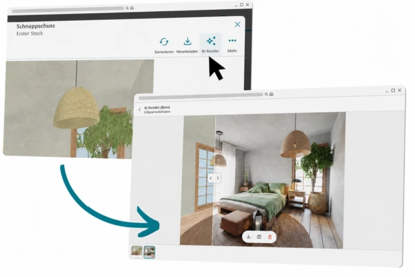 KI Render ist ganz einfach über das RoomSketcher Web Portal zugänglich. Klicken Sie bei Schnappschüssen, 3D Fotos oder in Live 3D auf die Schaltfläche „KI Render“.