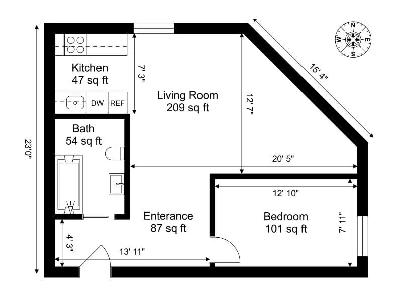 Black and white floor plan with measurements and labels
