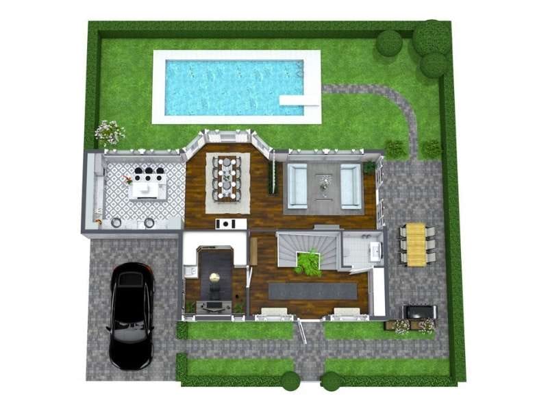 3D site plan with house, driveway and backyard pool