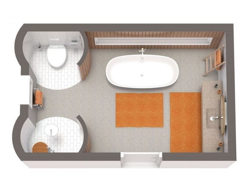 Boho chic bathroom with curved toilet and shower room