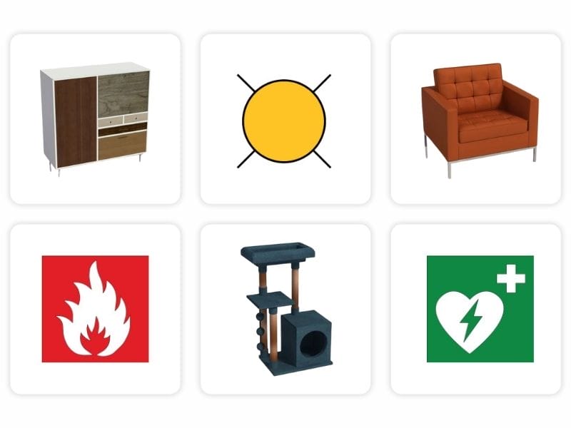 Six boxes showing both 3d furniture and 2d symbols