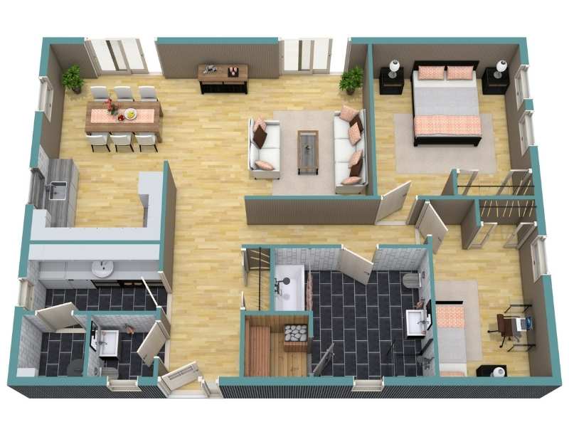 3D floor plan with green tops