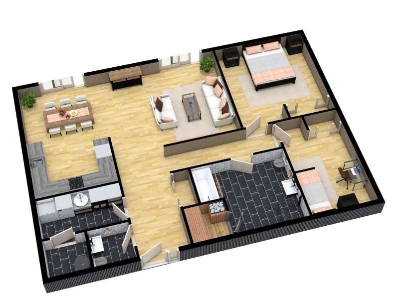 Slanted 3D floor plan with short walls