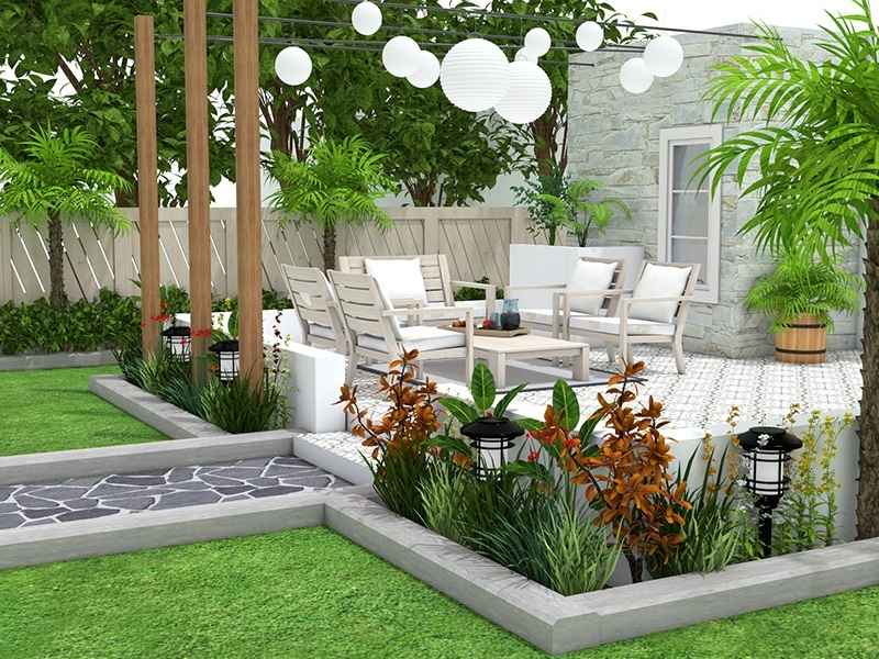 3D Photo of a patio with a garden