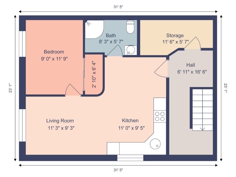 Colorful 2D floor plan with measurements