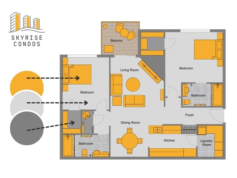 Yellow and grey 2D floor plan with logo and brand colors