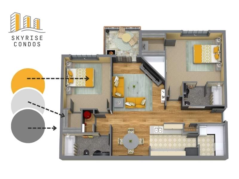 Yellow and grey 3D floor plan with logo and brand colors