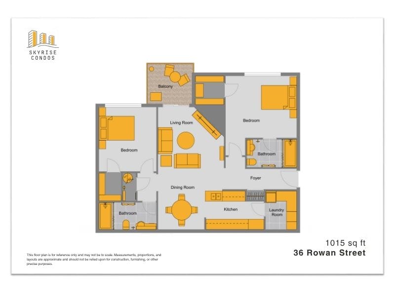 Letterhead with 2D floor plan in yellow and grey color scheme, logo, heading and disclaimer text