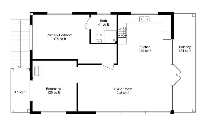 2D floor plan showing the room areas in sq ft