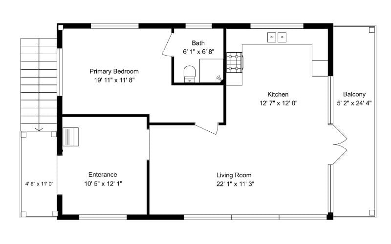 2D floor plan with length and width room dimensions