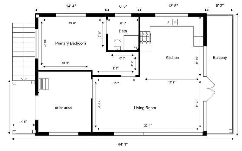 2D floor plan showing different wall measurements: inside and outside
