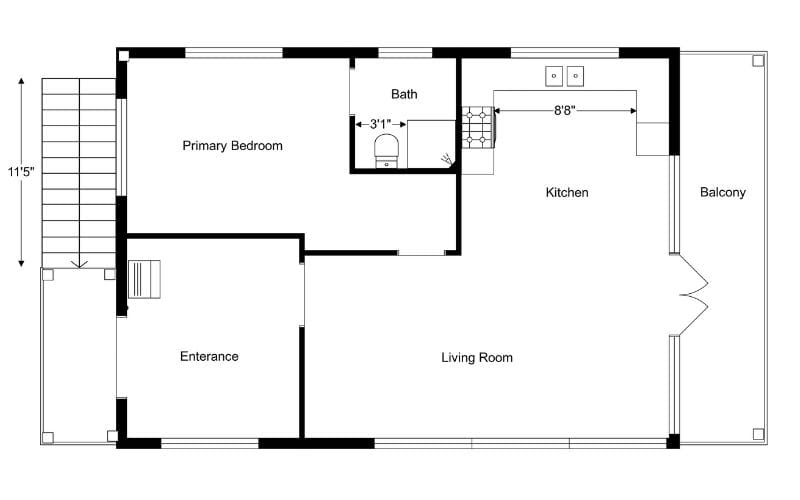 2D floor plan with measurements showing the distance between items