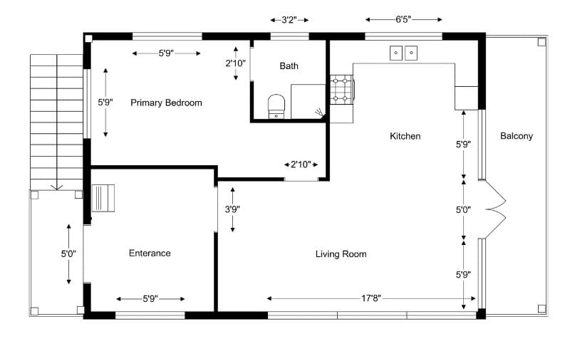 2D floor plan with measurements for windows and doors