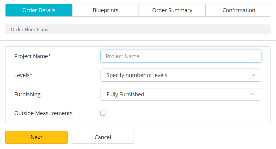 The Order Details tab is the first step when submitting a floor plan order in RoomSketcher. Here, you enter the project name, specify the number of levels, and choose the furnishing style — such as fully furnished, furnished as indicated, or unfurnished. You can also check a box to include outside wall measurements on your 2D floor plan. Once the details are filled in, you click “Next” to move on to the blueprint upload step or “Cancel” to exit the process.