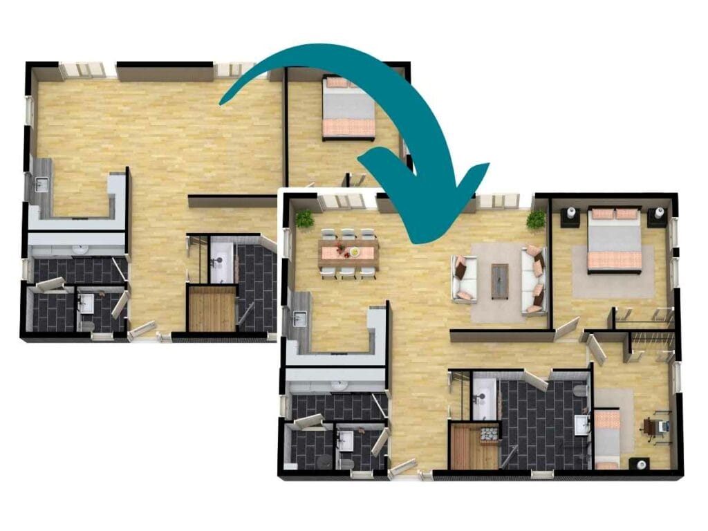 A floor plan is shown in two versions side by side, with a large teal arrow pointing from left to right. The version on the left has empty living and dining areas, while the version on the right displays the same spaces fully furnished with sofas, a dining table, chairs, and décor. The comparison highlights how missing furniture was added to complete the interior layout.
