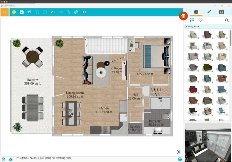 A floor plan is open in the RoomSketcher App, showing a fully furnished layout with labeled rooms including a kitchen, dining room, living room, bedroom, bathroom, and a large balcony. Room dimensions are displayed in square feet throughout the plan. On the right-hand side, the furniture library is visible with a variety of living room seating options available to drag and drop into the layout. The toolbar at the top provides editing and navigation tools, while the bottom of the interface shows the project name and workspace controls.
