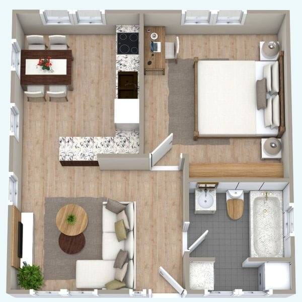 3D plantegning av et hus med ett soverom, ett bad, en stue og åpen kjøkkenløsning i beige toner.
