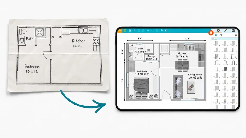 En håndtegnet skisse av en plantegning ved siden av samme plantegning tegnet digitalt i RoomSketcher-appen.