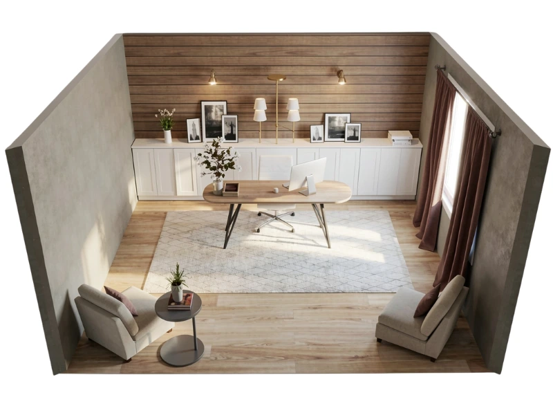 3D-visualisering av et hjemmekontor med skrivebord, lenestoler, teppe, trepanel på veggen og innebygde skap.